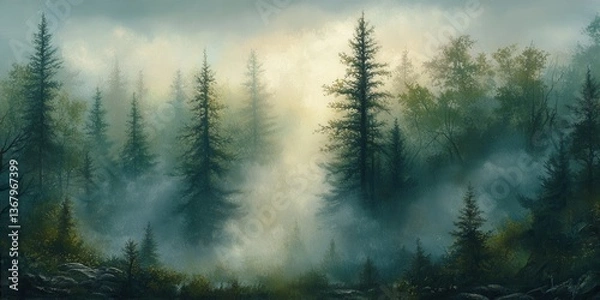 Fototapeta A serene misty forest landscape with tall trees and soft lighting.