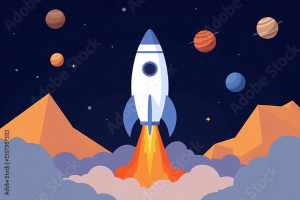Fototapeta illustration of a rocket flying through the sky with planets in the background