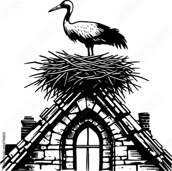 Fototapeta Stork on Nest Above Old Building. Classic black and white vector image of a stork resting in its nest atop a historic stone structure.