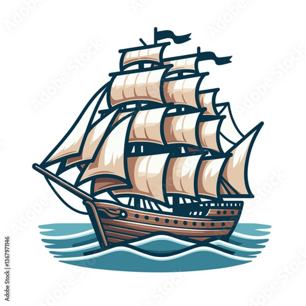 Fototapeta Vector illustration of traditional sailing ship with multiple masts and sails on blue waves. Perfect for maritime history, naval adventures and sailing expedition themes.