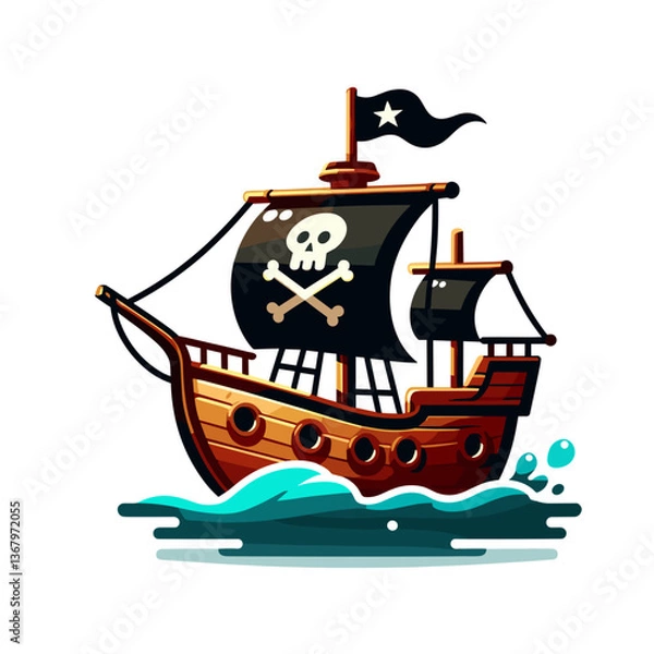 Fototapeta Vector illustration of pirate ship with skull flag on blue waves. Perfect for adventure themes and treasure hunt event promotions.