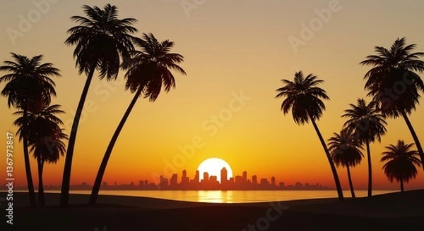 Fototapeta 夕焼け空とヤシの木シルエット、穏やかな都市風景