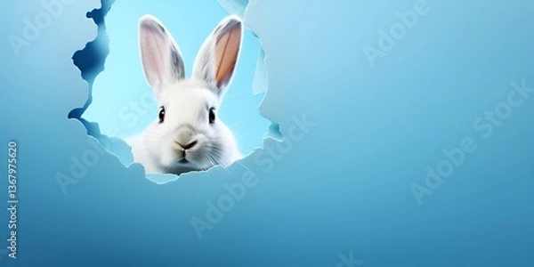 Fototapeta Easter banner with a white rabbit head breaking through a hole in a blue paper background, 
