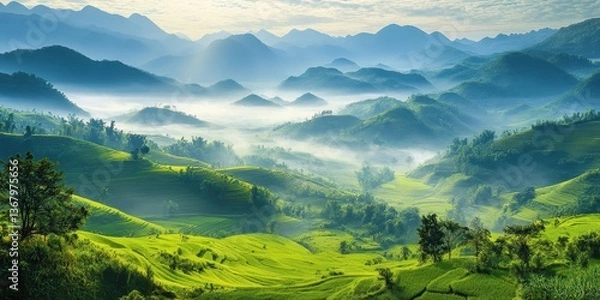 Fototapeta Serene landscape with rolling hills, mist, and lush greenery under a soft sky.