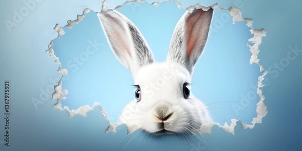 Fototapeta Easter banner with a white rabbit's head sticking out of a hole in a blue paper background. The Easter bunny is lookingbackground