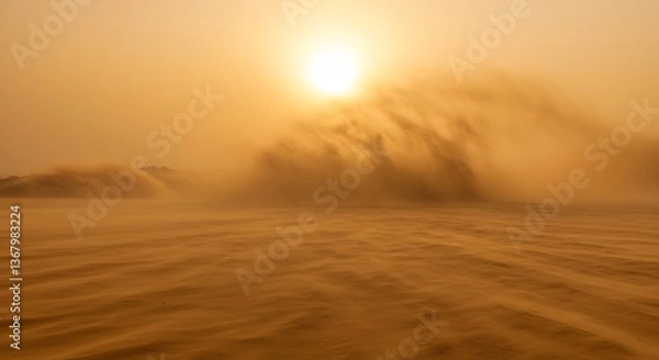 Fototapeta 砂嵐夕日輝く砂漠 黄金色に染まる大地