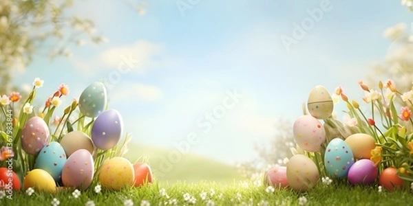Fototapeta Easter card with an arch in the background and eggs on it, the inscription "Goodness to you & happy Easter", h quality bokeh background