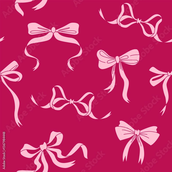 Obraz Seamless pattern with pink bows on a red background. Vector Illustration.