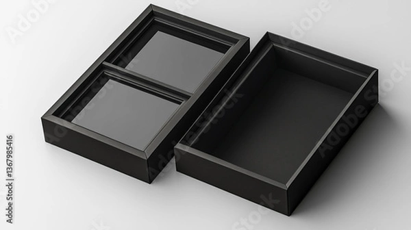 Obraz A minimalist black box with two compartments and a separate lid on a white surface in studio light