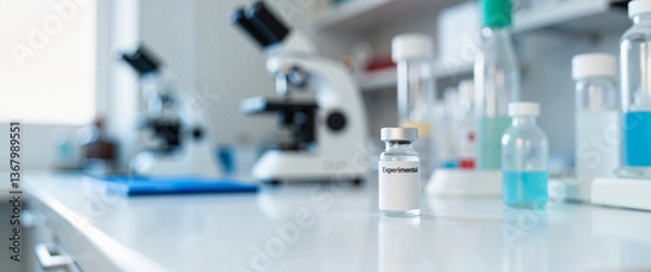 Fototapeta Experimental vaccine vial on laboratory countertop, scientific research