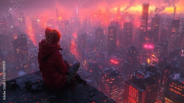 Fototapeta Solitude in a Crimson Metropolis: A Cyberpunk Dreamscape