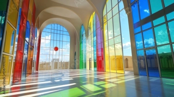 Fototapeta Colorful interior hall with arched windows