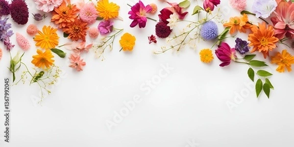 Fototapeta Flat lay of a blank white page surrounded by colorful flowers on the edges, against a white background. Flatlay photograph
