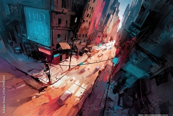 Fototapeta An artistic rendering of a city street with buildings and light