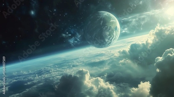 Obraz A planet with a blue sky and clouds in the background. The planet is surrounded by stars and the sky is filled with clouds