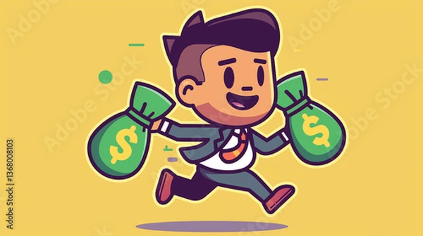 Fototapeta A man is holding two green bags of money and is jumping in the air. Concept of excitement and joy, as if the man has just received a large sum of money