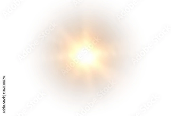 Obraz Golden sunlight overlay in PNG format with radiant sunrays, soft flares, and gentle glare effects. Transparent background, perfect for adding warmth and light to your designs. Royalty-free image.