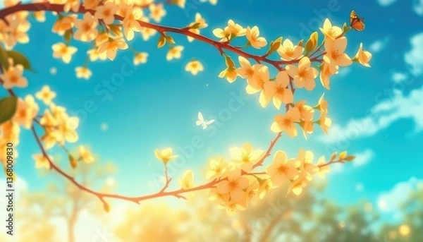 Fototapeta a delicate tree branch adorned with soft yellow blossoms, bathed in gentle sunlight against a breathtaking teal-blue sky