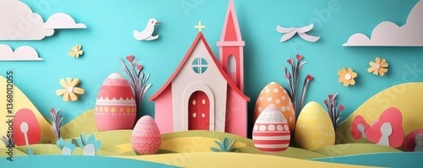Fototapeta Easter church craft A colorful paper art scene featuring a church and decorated eggs against a vibrant background.