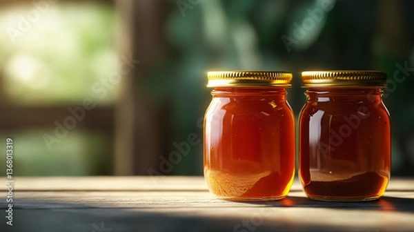 Obraz Two jars of orange jam with golden lids sit on a wooden surface with a blurred green background