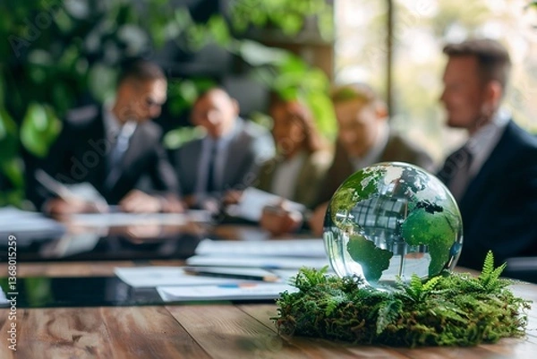 Fototapeta Glass globe resting on moss with business people discussing sustainability in the background