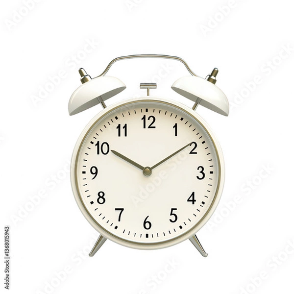 Fototapeta Classic alarm clock with a white face and silver hands, perfect for home decor, time management, and reminders. Isolated on white background for clear focus.