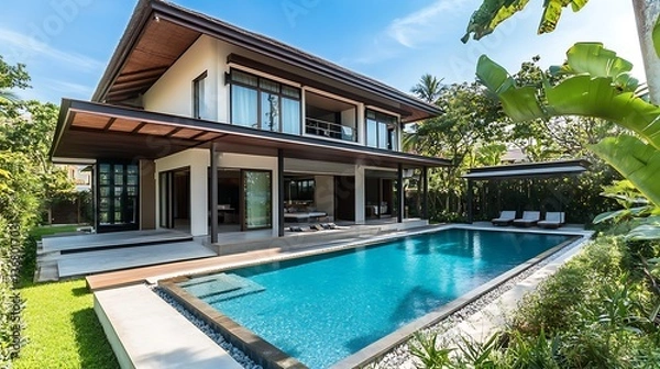 Fototapeta Luxury Tropical Villa with Private Pool and Lush Landscaping