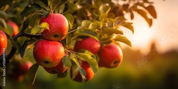Fototapeta Red apples on a tree in an apple orchard at sunset, with a blurred background. High-resolution photography, a realistic photo with high detail, a stock photo, a close-up bokeh background