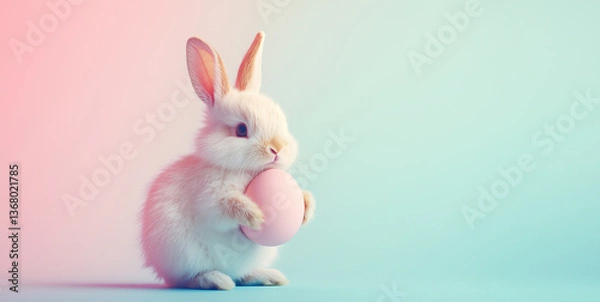 Fototapeta Easter concept: An Easter bunny rabbit embracing an egg with its front paws, set against a lite blue background