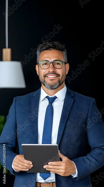 Fototapeta Confident businessman holding tablet, smiling