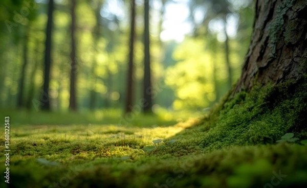Fototapeta Exploring Mossy Forest Floor Around Tree Trunk with Soft Sunlight