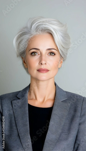 Fototapeta Confident mature woman with short, stylish silver hair in a gray blazer