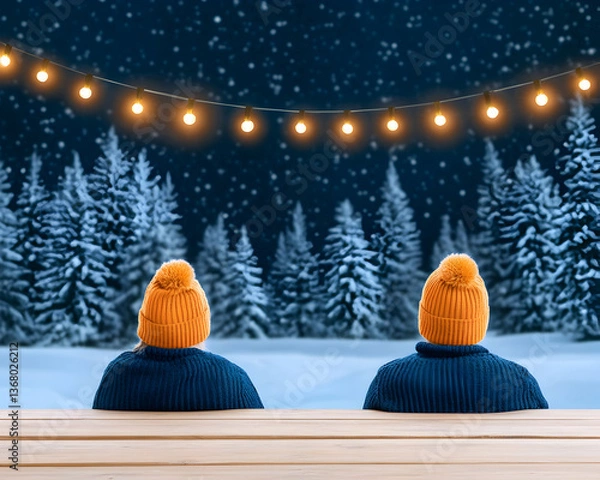 Fototapeta Couple gazing at a snowy night scene, illuminated by fairy lights