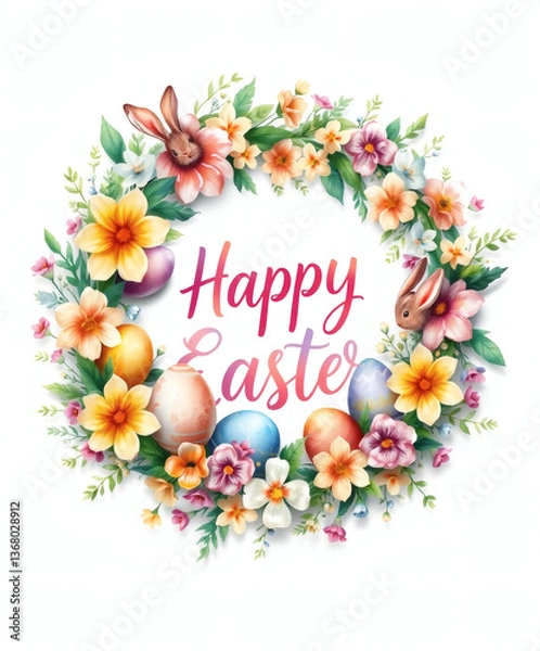 Fototapeta Festive floral wreath celebrating Easter with vibrant colors and charming elements