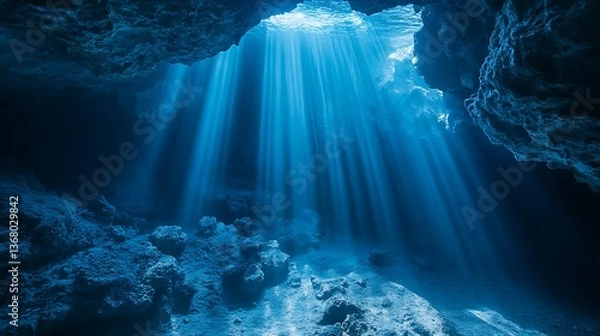 Fototapeta Underwater cave with azure light beams and limestone, a mysterious scene for nature and exploration fans.