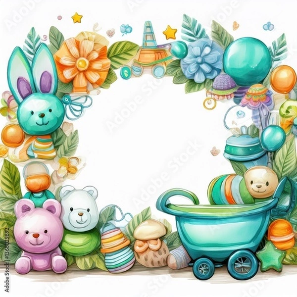 Fototapeta creative beautiful border frame of cute baby accessories background with copy space; newborn concept