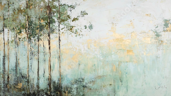 Fototapeta Captivating painting of trees in the woods illuminated by soft morning sunlight creating a peaceful and delicate natural abstraction.