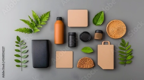 Fototapeta Carefully Arranged Flat Lay Showcasing a Functional and Aesthetically Pleasing Home Organization Setup with a Mix of Cardboard Wicker