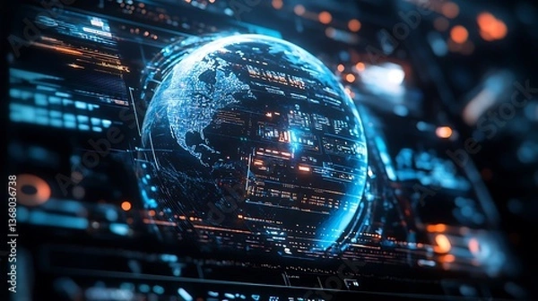 Fototapeta Digital globe on futuristic tech screen.
