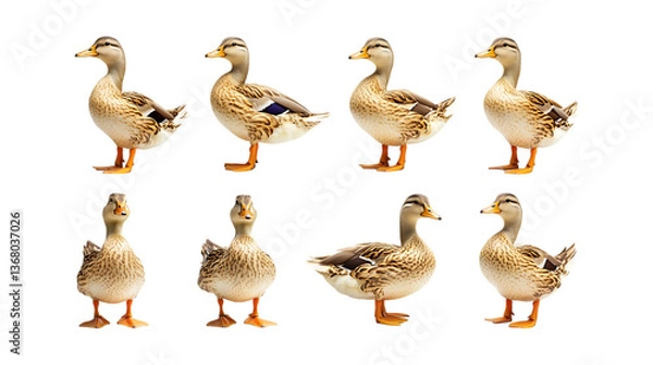 Fototapeta Pack Dainty Duck set in Different Poses Against Transparent Background for Nature Illustrations, Farm Art, or Waterfowl-Themed Designs