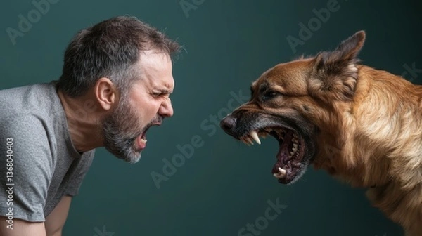 Fototapeta An intense standoff between a man and a dog, both showcasing raw emotion as they appear to engage in a dramatic yelling match, exploring themes of communication and tension.
