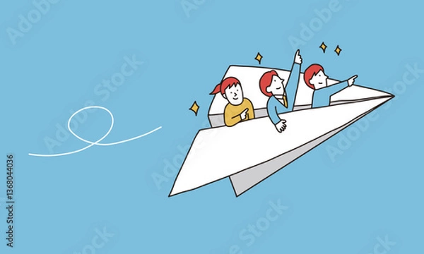 Obraz 紙飛行機に乗って目標を目指す人々のイメージイラスト