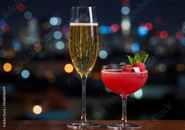 Fototapeta Elegant cocktails gleam softly city lights backdrop. AI Generated