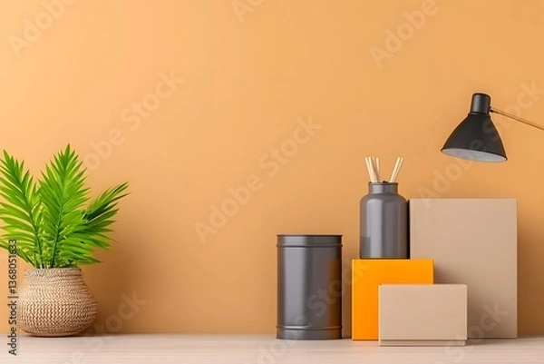 Fototapeta Functional and Visually Appealing Home Organization Vignette with Versatile Storage Solutions Including Cardboard Boxes Wicker Baskets