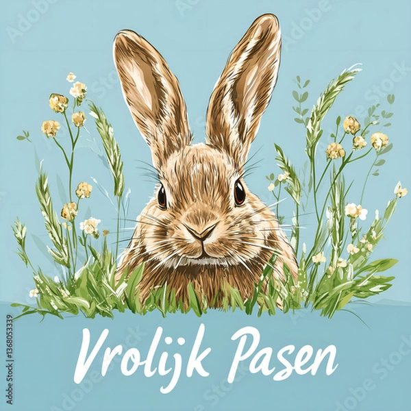 Obraz vrolijk pasen! artistic illustration with dutch text of greetings on cartoon design with easter bunny and minimalistic floral decor; blue background
