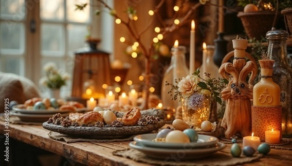 Fototapeta Easter festive table setting with decorated eggs, pastries, and candles, warm and cozy ambiance