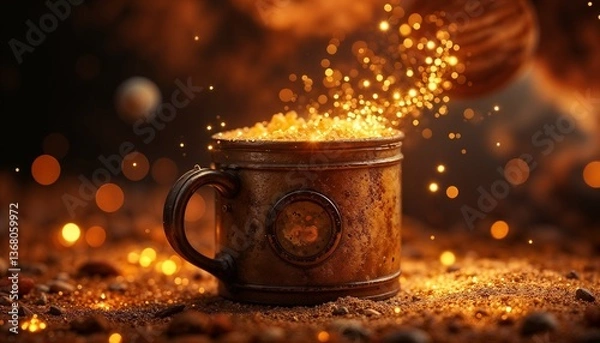 Fototapeta Rustic mug filling with sparkling particles, cosmic background, magical energy and ambiance