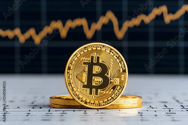 Obraz Golden cryptocurrency coins on a chart showing upward trend