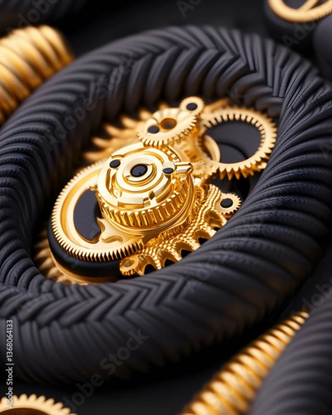 Obraz Golden gears nestled within black, textured rings