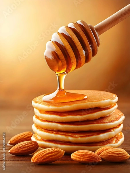 Obraz Golden honey dripping onto a stack of pancakes with almonds